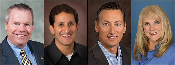 PPAI’s 2017 board candidates include (from left) distributors Mitch Rhodus, CAS, of HALO Branded Solutions, and Danny Rosin, co-owner of Brand Fuel, Inc.; and suppliers Andrew Spellman, vice president of corporate channels at Victorinox Swiss Army, Inc., and Sharon Willochell, chief operating officer of Leed’s.