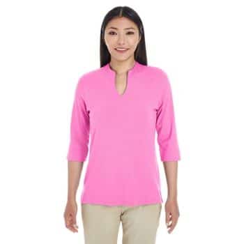 woman wearing pink ladies three-quarter sleeve top with keyhole neckline