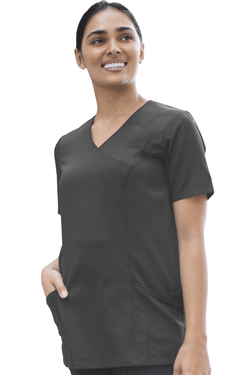 model wearing Ladies’ Sorrento Power Stretch Mock Wrap Tunic