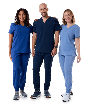 3 models wearing UltraStretch scrubs with jogger pants