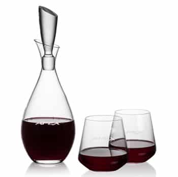 Juliette wine decanter and etched Cannes Stemless Wine Glasses