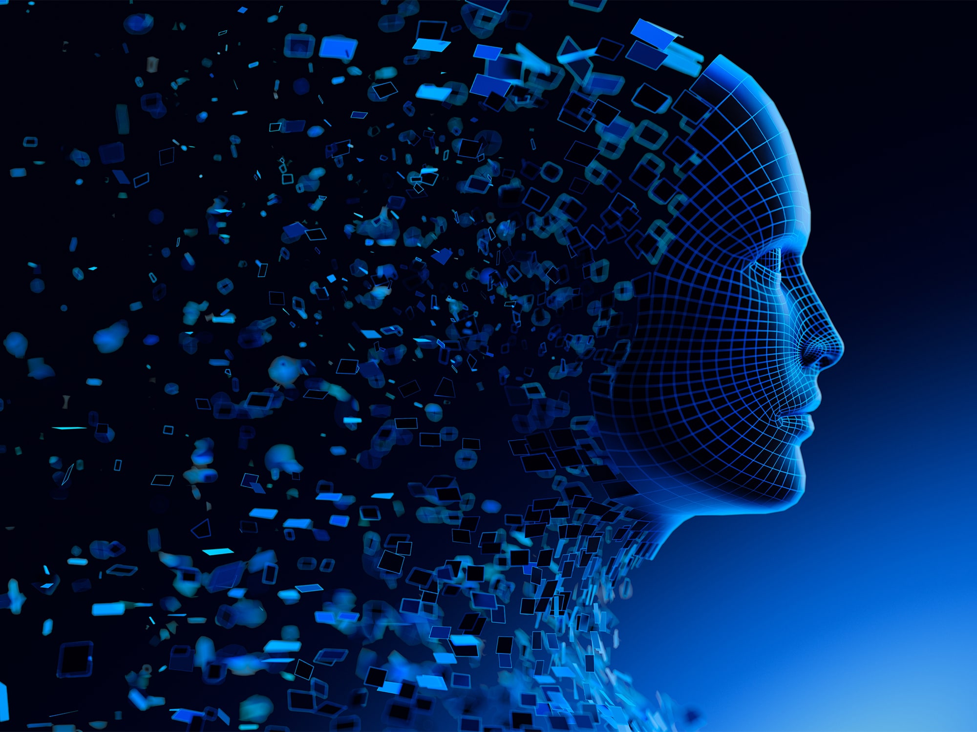 Digital Transformation: AI Artificial Intelligence in Human Face Head.