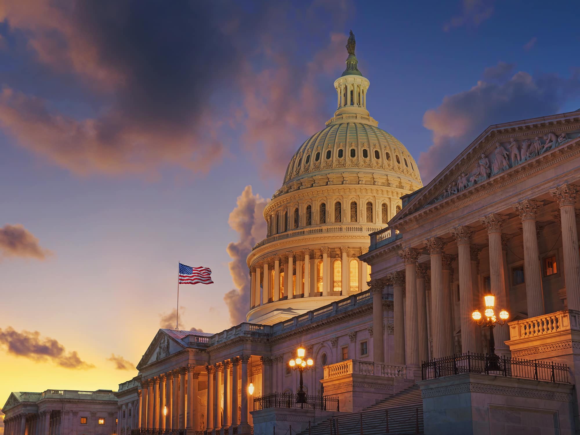 US Capitol building at sunset, Washington DC, USA.