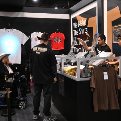 Hanes booth pressing shirts