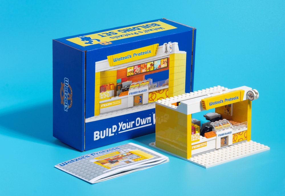 custom Lego set assembled into Wetzel's Pretzels storefront