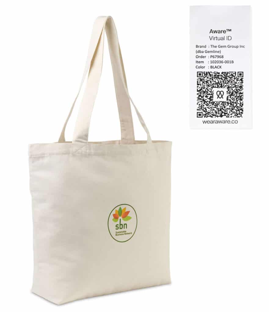 cotton canvas tote bag with circle logo and inset of inner label with QR code