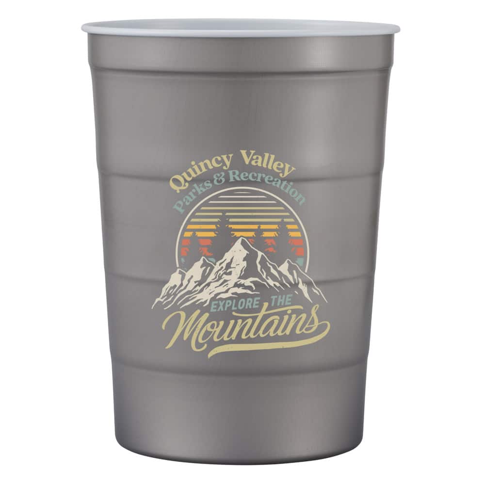 recyclable gray steel stadium cup with colorful mountains logo