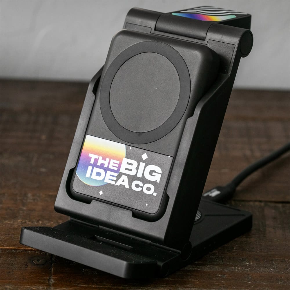 black charger and stand with "big idea" logo
