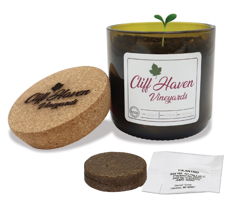 Fields recycled wine bottle grow kit with jar, soil plug, seeds, branded label & cork lid